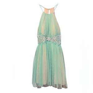 NWT B. Darlin Mini Halter Tulle Dress A-Line Turquoise RhinestoneTrim Size 5/6